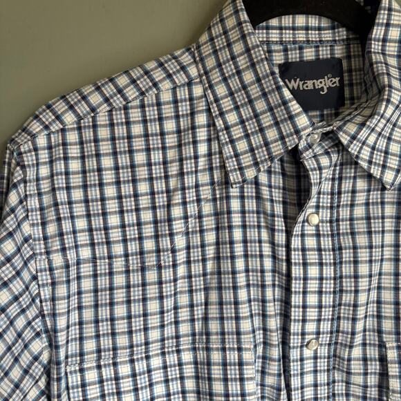 WRANGLER Men's Medium Blue Plaid Windowpane Western Pearl Snap Button Up Cowboy - Picture 2 of 10